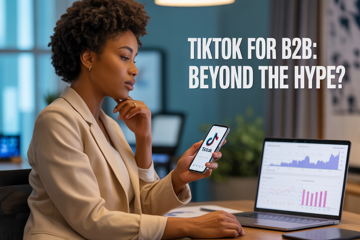 Create a realistic image of a professional black female marketer in business attire looking thoughtfully at a smartphone displaying the TikTok app, with B2B marketing analytics graphs and charts displayed on a laptop beside her, office setting with soft lighting, text overlay reading "TikTok for B2B: Beyond the Hype?"