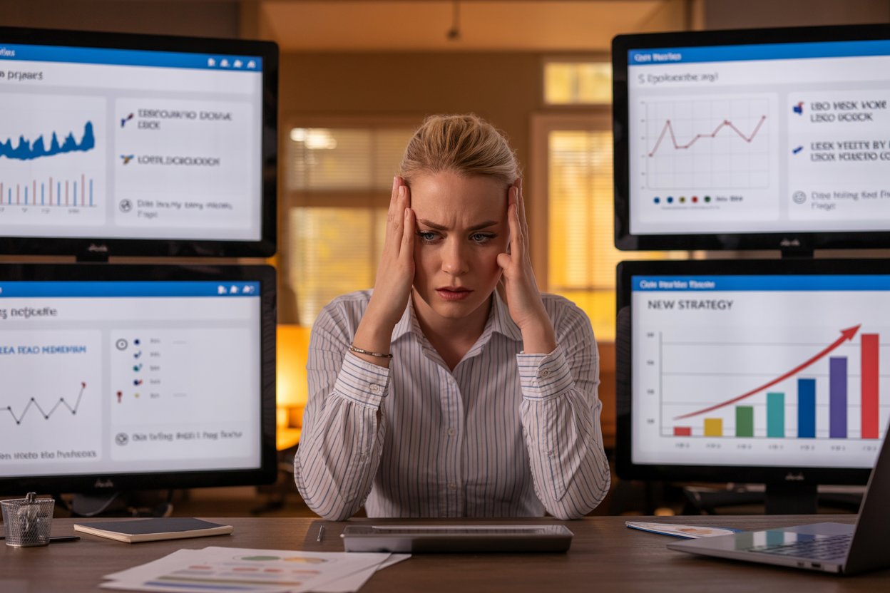 Create a realistic image of a frustrated business person (white female) sitting at a desk surrounded by multiple social media analytics screens showing declining metrics and negative feedback, with one screen displaying an upward trending graph labeled "New Strategy." The person is transitioning from looking stressed to hopeful, with warm office lighting creating contrast between the problematic past and promising future.